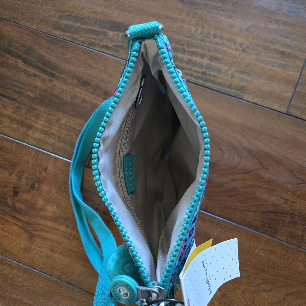 Kipling Keiko Crossbody Lightweight Shoulder Bag Teal Floral Print Monkey Charm - Picture 7 of 8